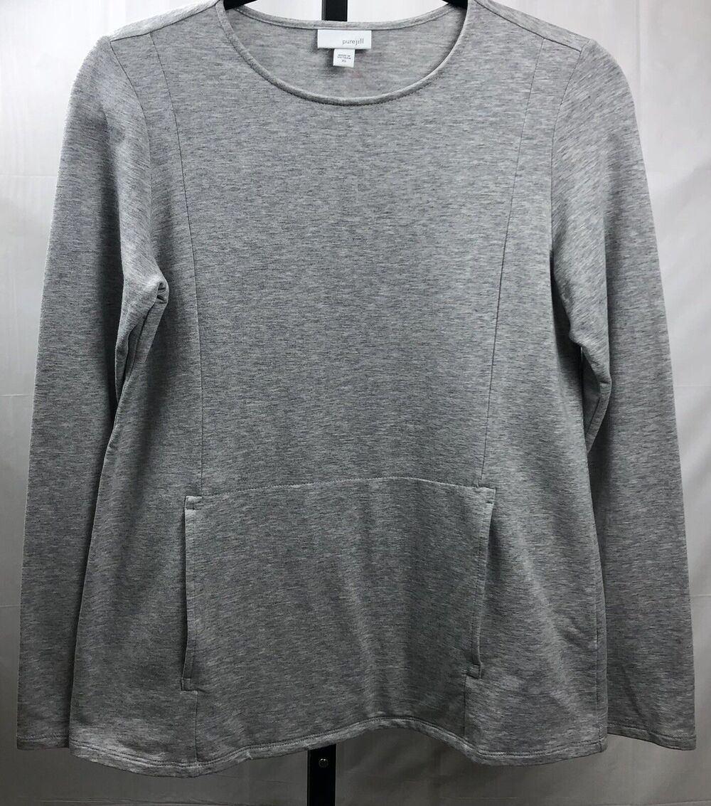 Pure Jill Pima Cotton Top Women XS Grey Heathed Modal Kangaroo Front Pocket L/S